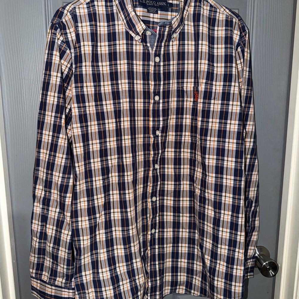 U.S. Polo Assn. Navy, White and Tan‎ and orange Plaid Button-Down Shirt
